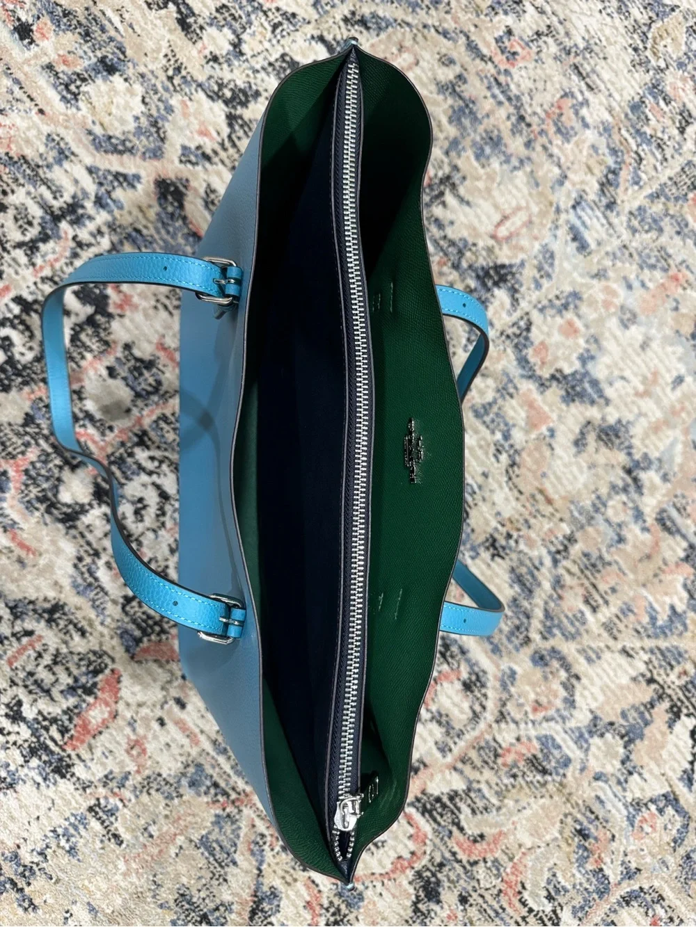 Coach Mollie Tote in Pebbled Leather – Blue with Green Large tote 1671